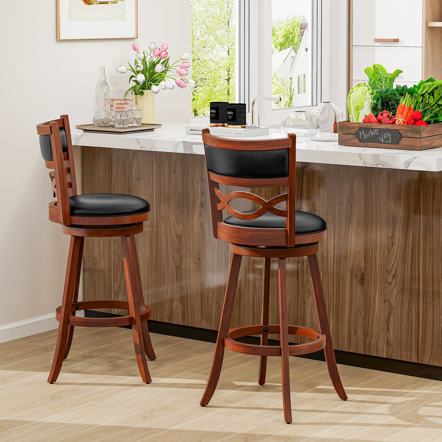 Set of 2 Swivel Chairs with Rubber Wood Frame and Faux Leather Upholstery