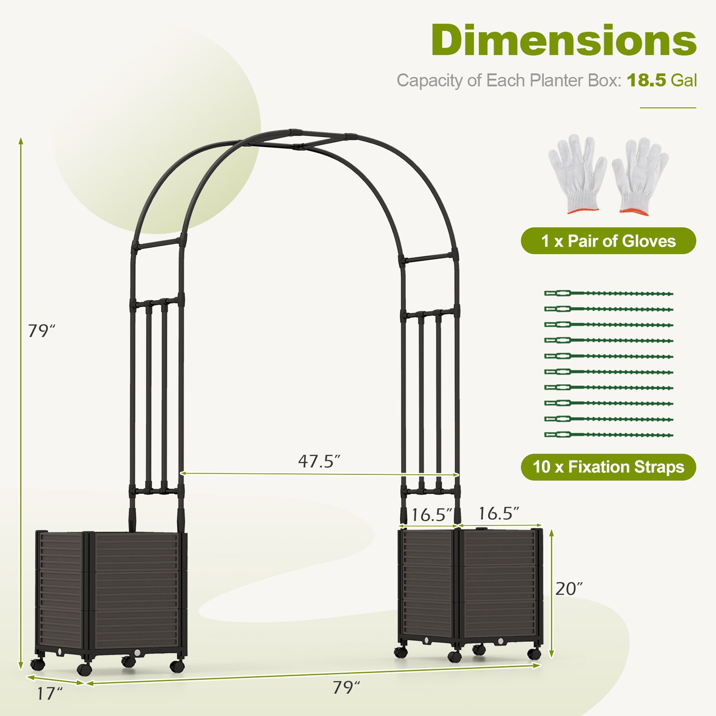 6.6 Feet Arch Arbor Trellis with 2 Planter Boxes &#x26; Detachable PE-Coated Metal Tubes-Black
