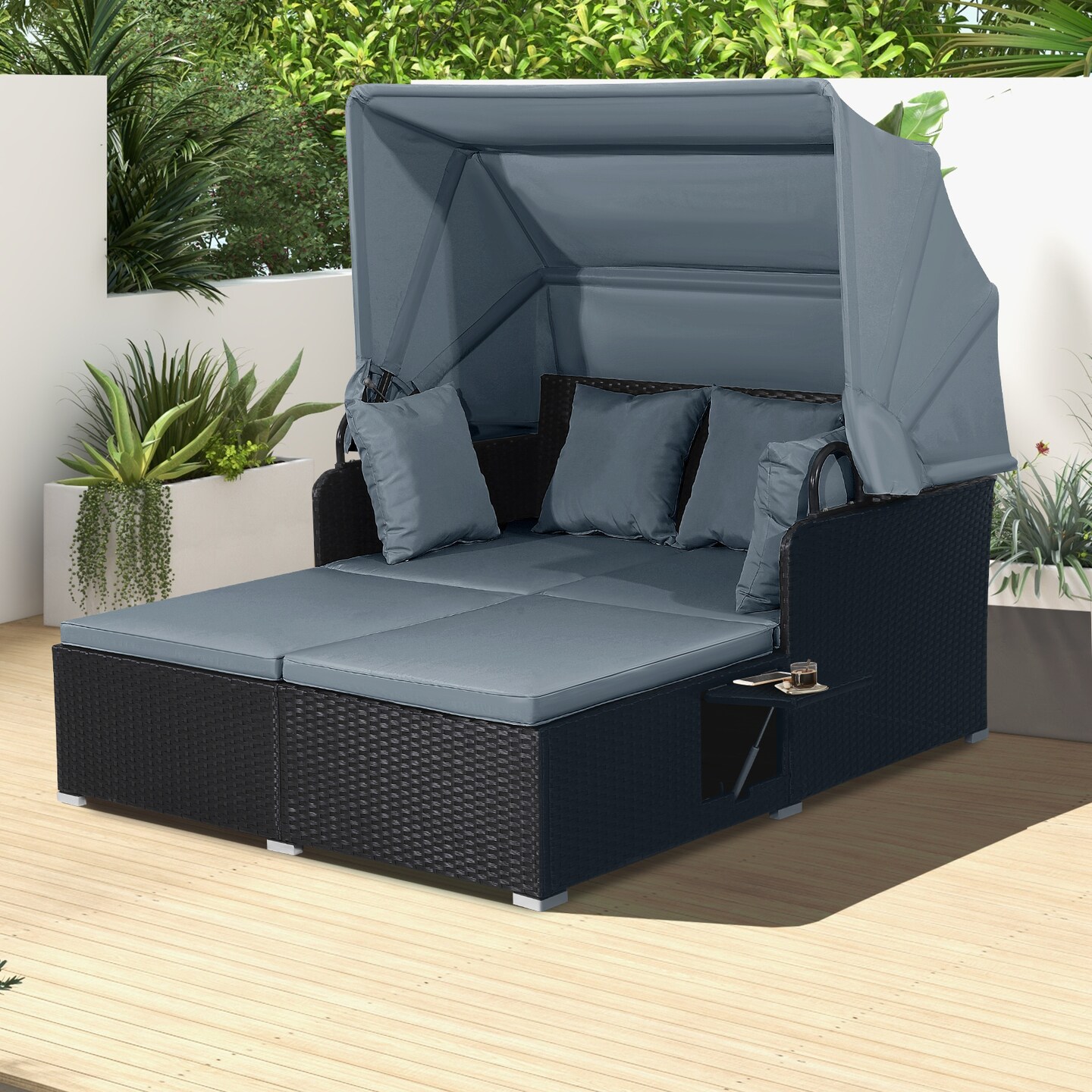 Patio Rattan Daybed with Retractable Canopy and Side Tables