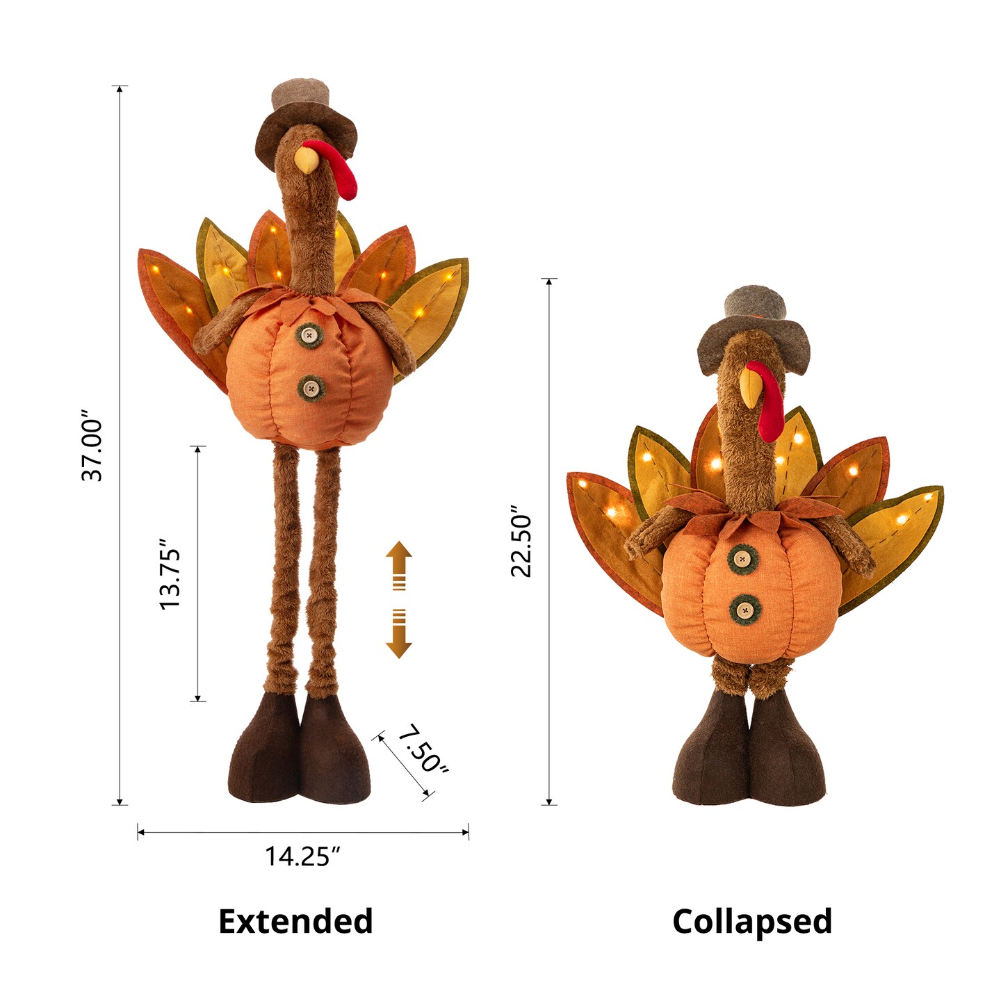 37&#x22;H/24&#x22;H Fabric Turkey Standing Decor, With Telescoping Legs and Timer