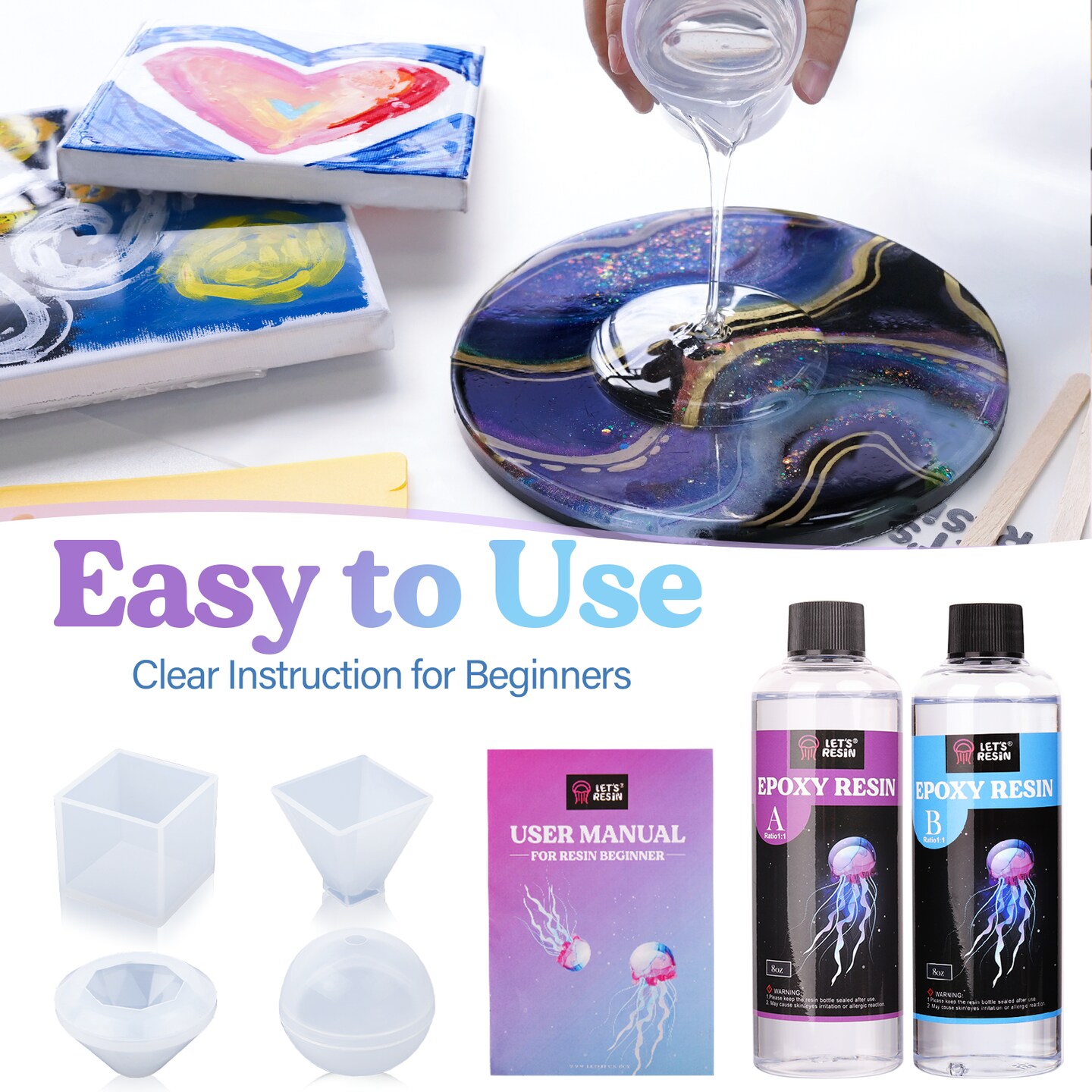 LET&#x27;S RESIN Epoxy Resin Kits and Molds Complete Set, 16oz Resin Art Kit with Silicone Molds, Pigment, Dried Flowers, Crafts for Adults, Beginners, Art Supplies for DIY Lovers, DIY Gift for Women