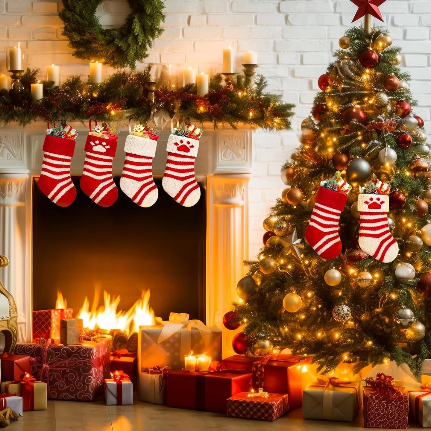 2Pcs Knited Christmas Stockings 8&#x27;&#x27; Red White Strips Chirstmas Stockings Small for Holiday Hanging Decor on Fireplace Shelf Christmas Home Decroation