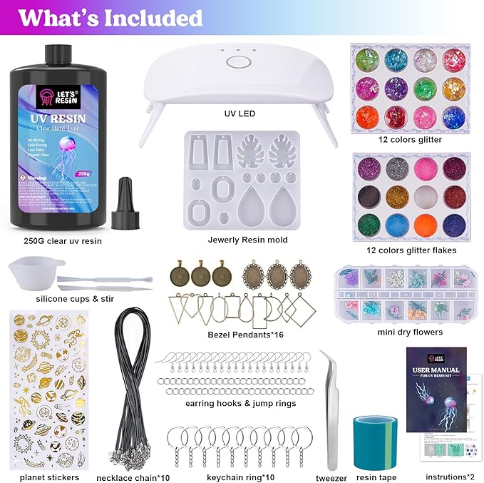 LET&#x27;S RESIN Jewelry Making Kit - 153Pcs Highly Clear Resin with Upgraded UV Lamp, Resin Accessories for Keychains, Jewelry