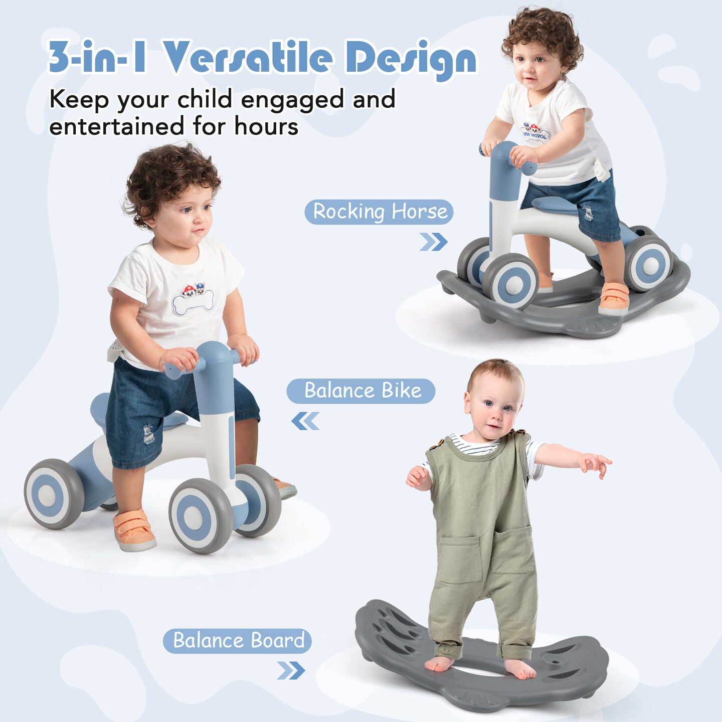 3-in-1 Kids Rocking Horse with Balance Board and Removable Seat - 16 L x 24 W x 18.5 H