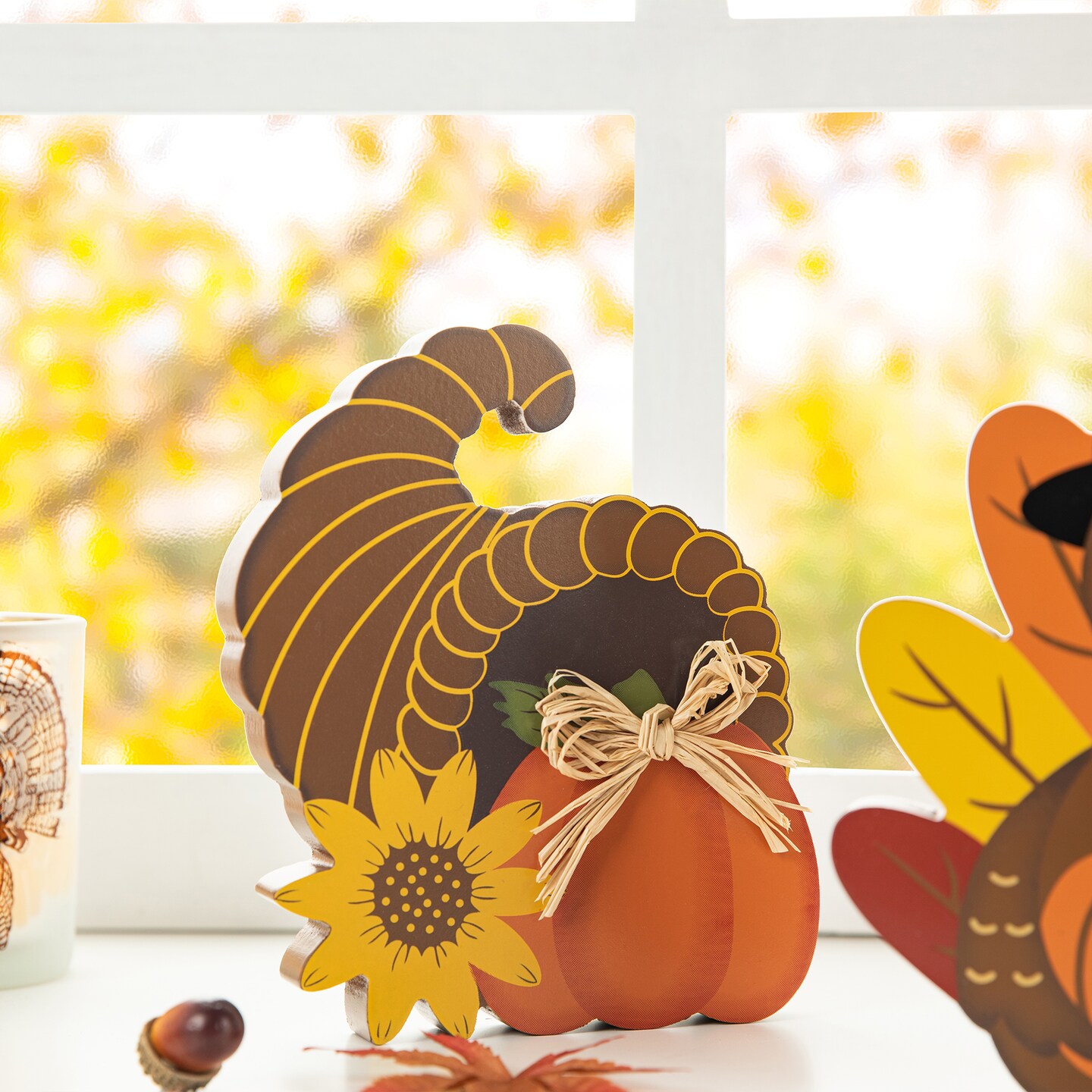 7&#x22;H Set of 3 Thanksgiving Wooden Pumpkin, Turkey &#x26; Croissant Table Decor