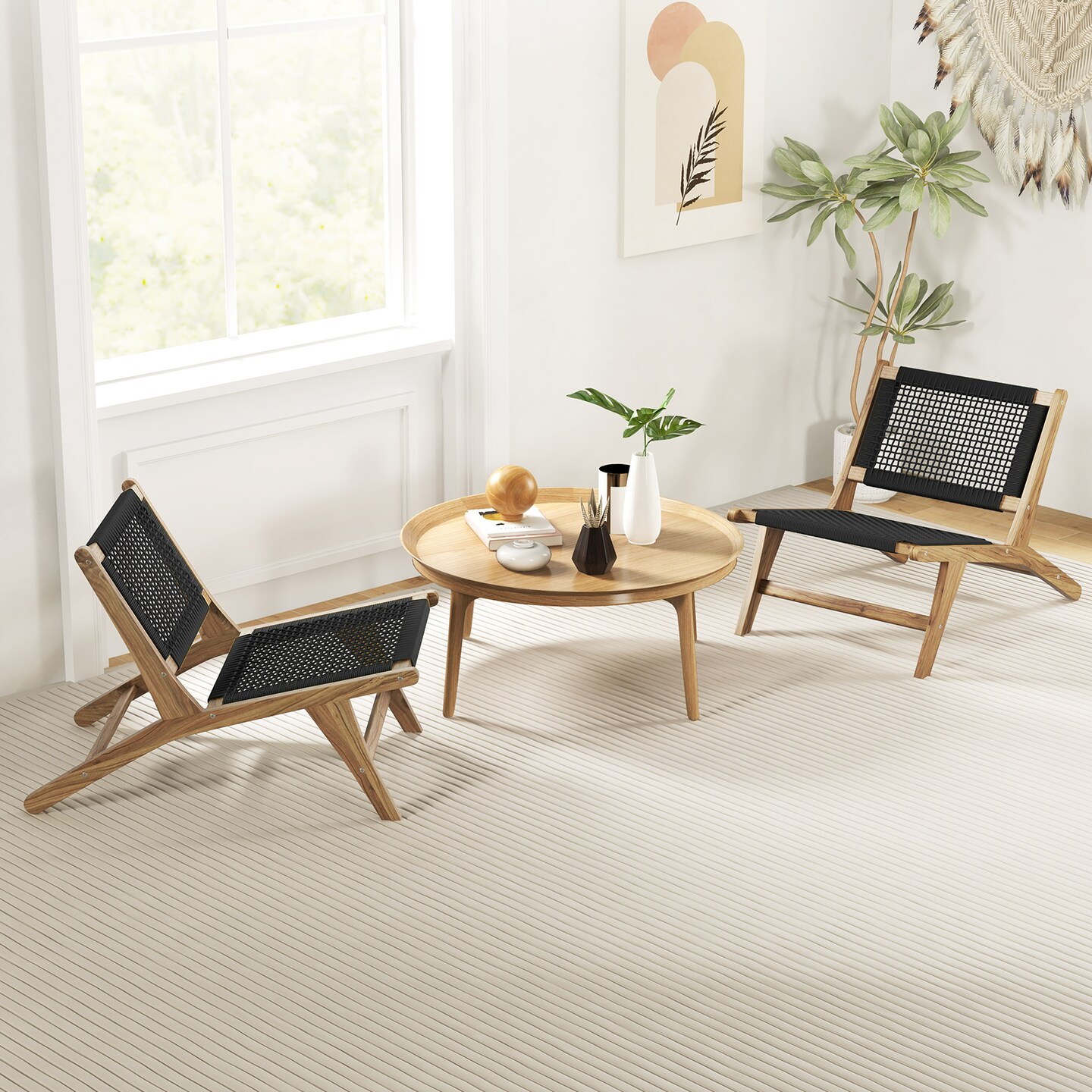 Indoor Outdoor Teak Wooden Chair with Handwoven Cordage Seat and Backrest - 36.5&#x22; x 23.5&#x22; x 25.5&#x22; (L x W x H)