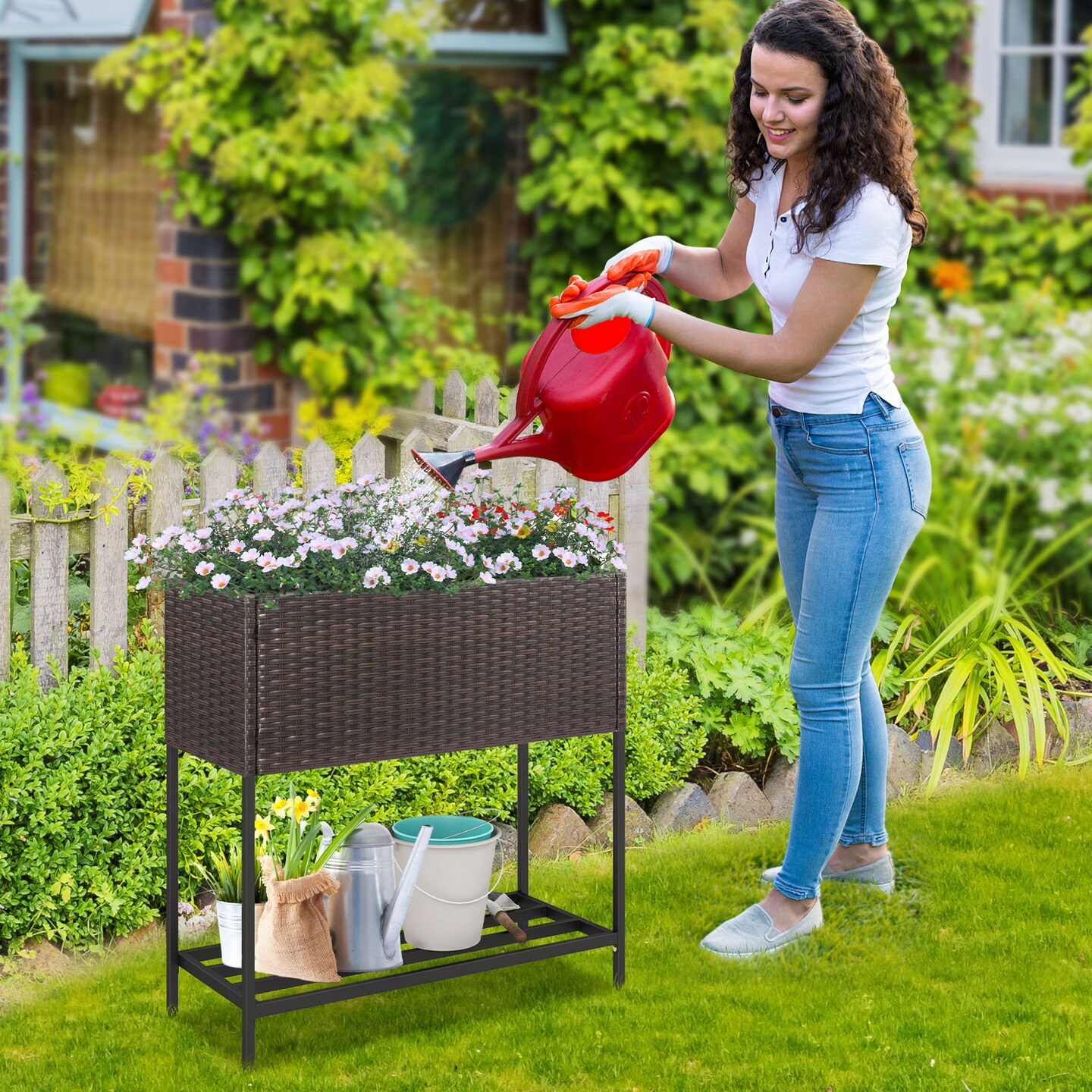 2-in-1 Raised Garden Bed with Storage Shelf 28" Brown PE Rattan Planter with Drain Holes
