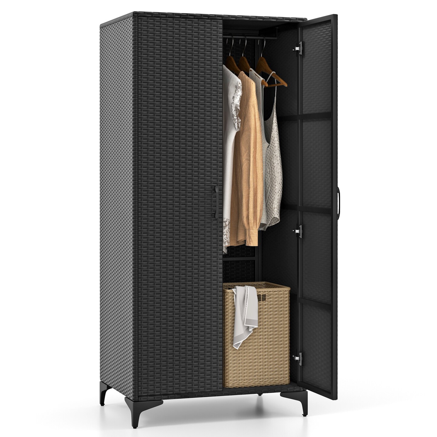 62 Inch Wicker Wardrobe with 2 Doors PE Rattan Closet with Hanging Rod - 28.5" x 19.5" x 62" (L x W x H)