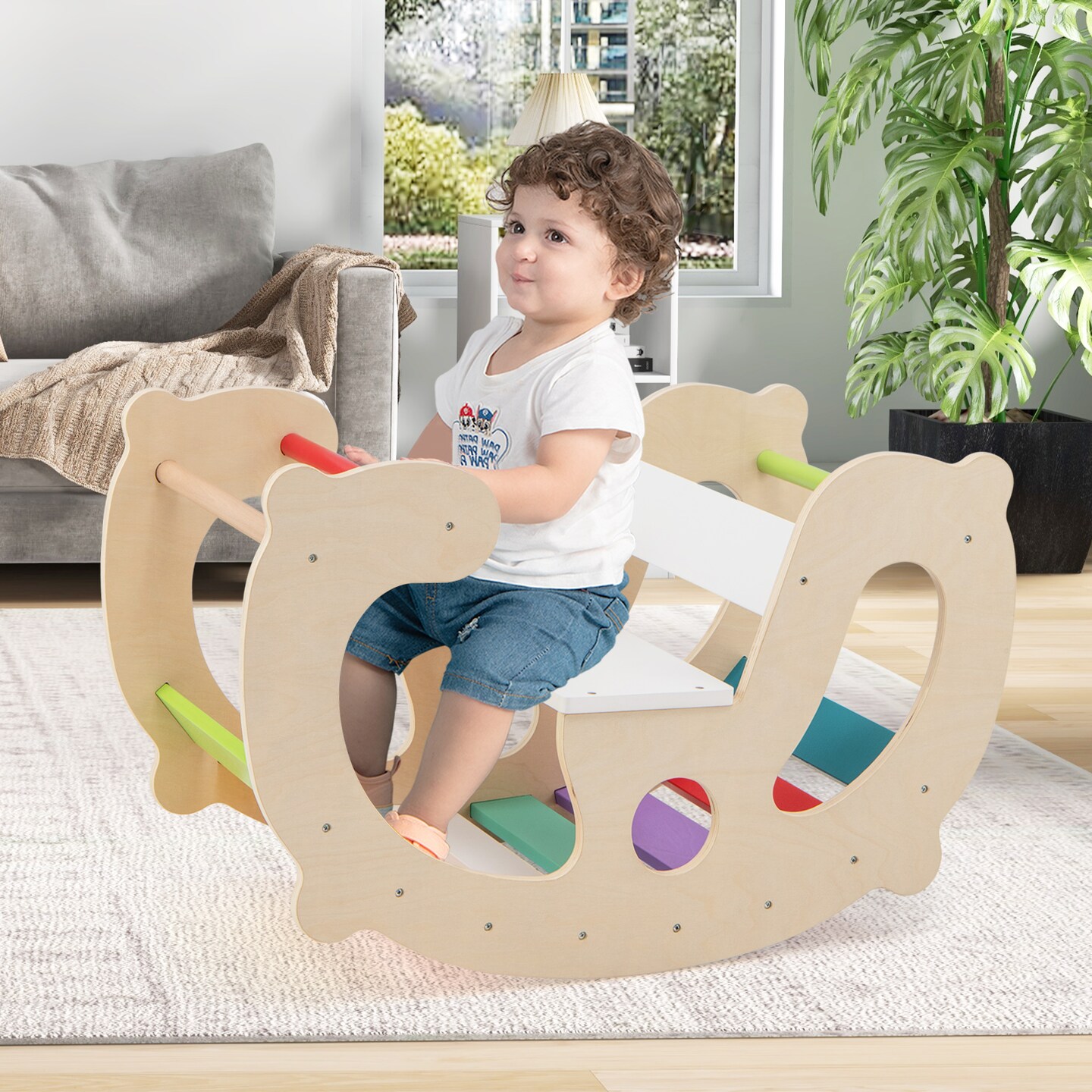 2-in-1 Rocking Horse Arch for Kids Montessori Climbing Toys with Arch Climbet - 31.5" L x 16.5" W x 19" H