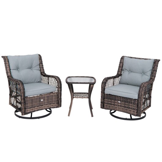 3 Pieces Outdoor Swivel Rocker Set with Small Side Table-Grey