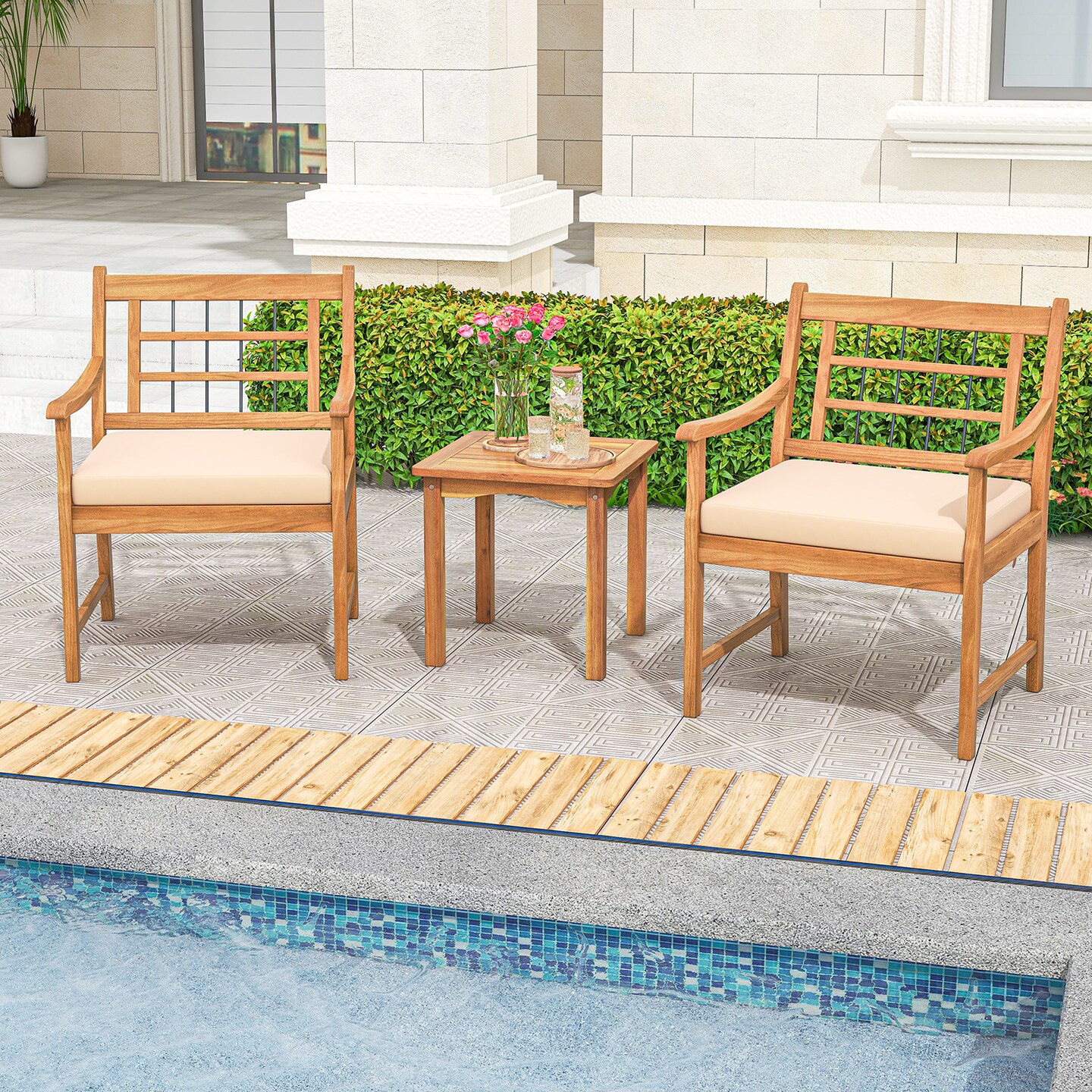 3 Piece Wood Patio Furniture Set with Seat Cushions and Acacia Wood Frame