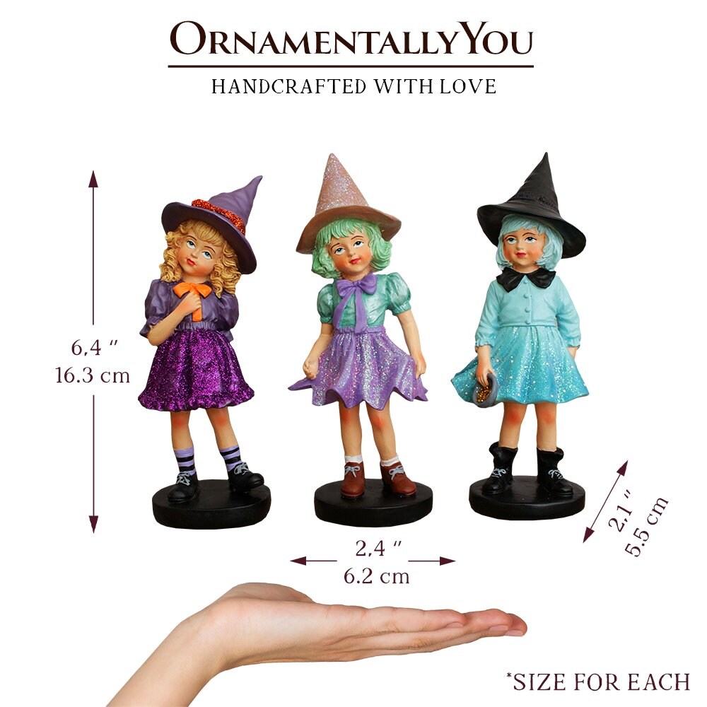 Mystical Victorian Witch Sisters Set of Three Figurines, Enchanted 6&#x22; Statues for a Bewitching Halloween Tabletop Display