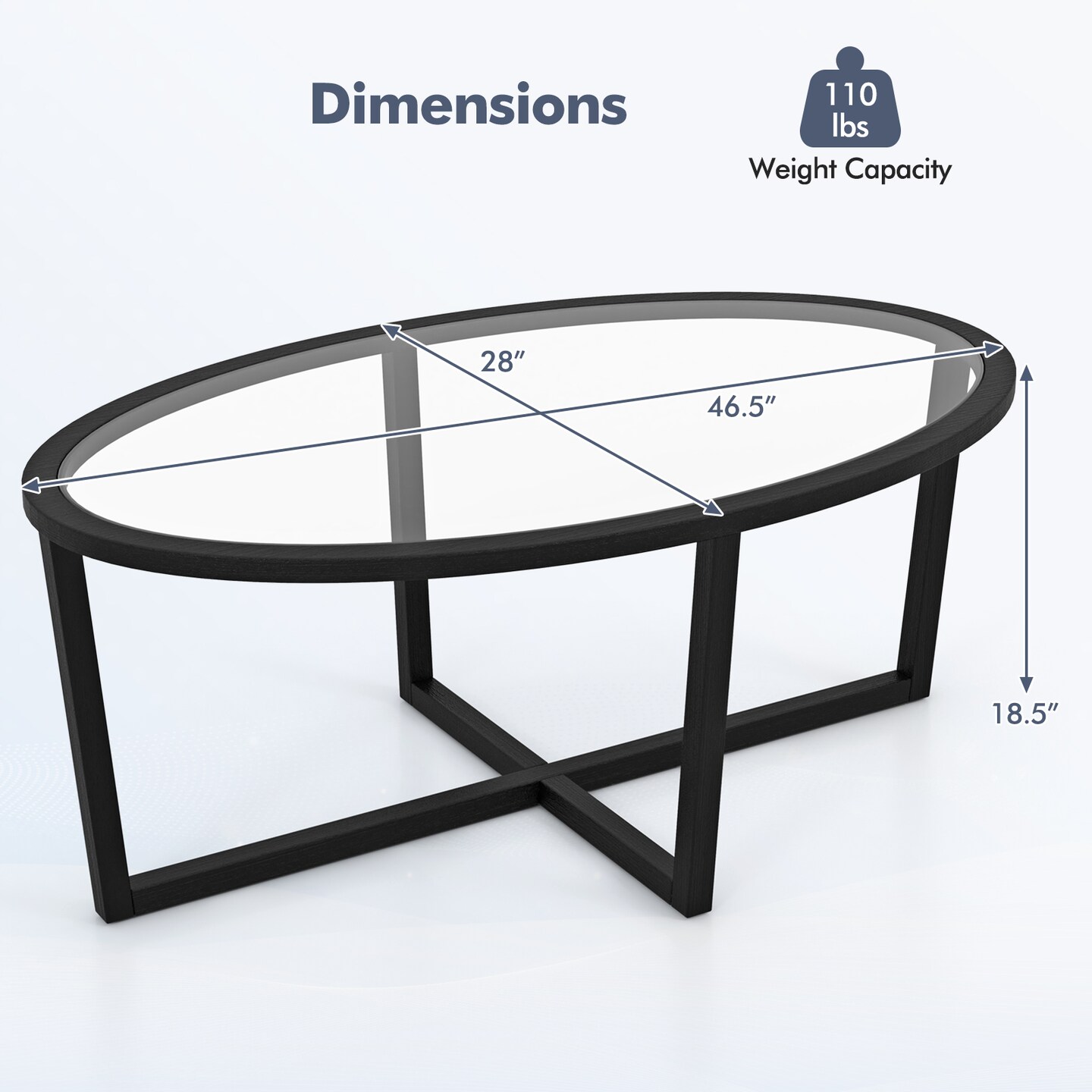 Glass Coffee Table Oval Living Room Table with Cross Base and Acacia Wood Legs - 46.5&#x22; x 28&#x22; x 18.5&#x22; (L x W x H)