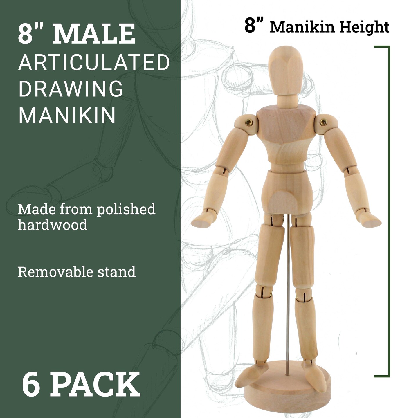 Wood 8&#x22; Artist Drawing Manikin Articulated Mannequin with Base and Flexible Body - Perfect For Drawing the Human Figure (8&#x22; Male) Pack of 6 Manikins