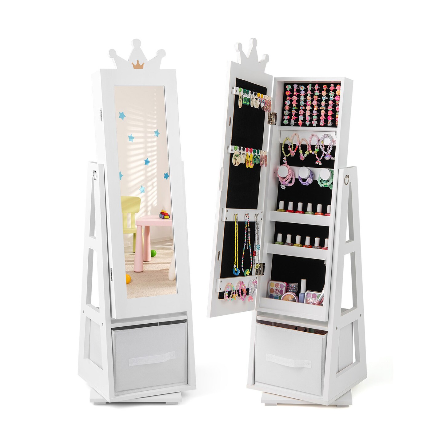Kids Jewelry Armoire Cabinet with Large Storage Capacity and Swivel Base