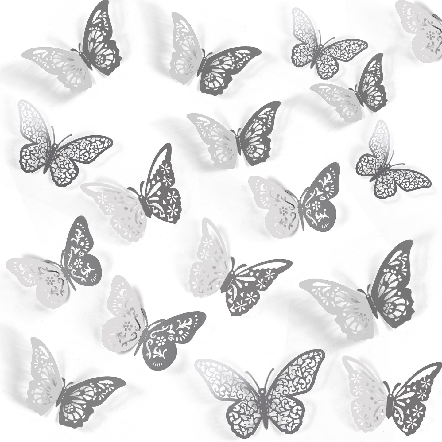 Crosize 48 Pcs Silver Butterfly Decorations, 4 Styles 3 Sizes, Butterfly Wall Decor, 3D Butterfly Party Decorations, Butterflies for Crafts, Bouquet, Cake Decorating, Flower Arrangements, Room Décor