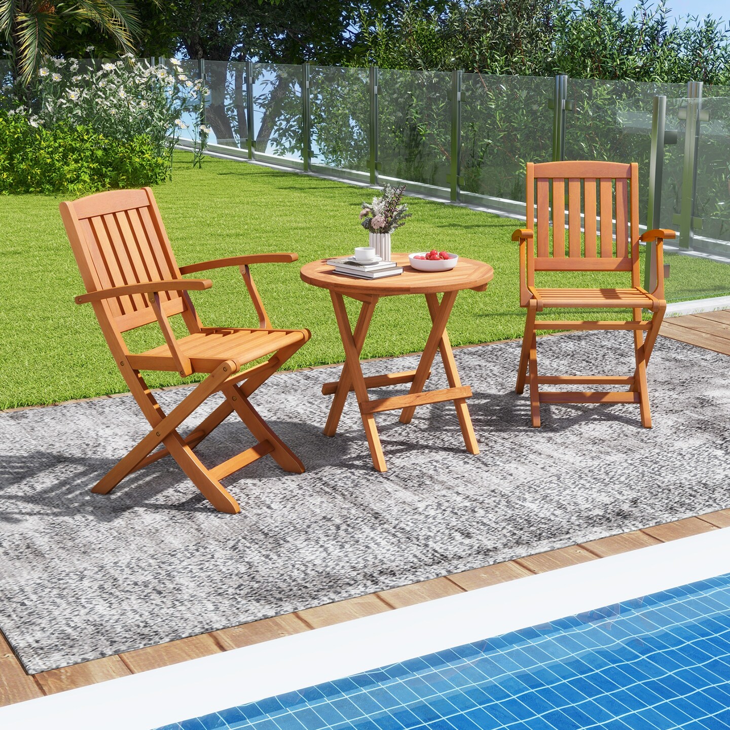 Set of 2 Foldable Natural Eucalyptus Wood Outdoor Dining Chairs for Deck and Yard