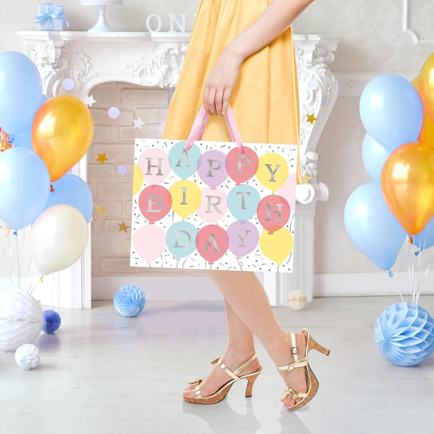 13&#x22; Large Happy Birthday Gift Bag with Tissue Paper and Card for Girls Kids Women Birthday (Colourful Balloon)