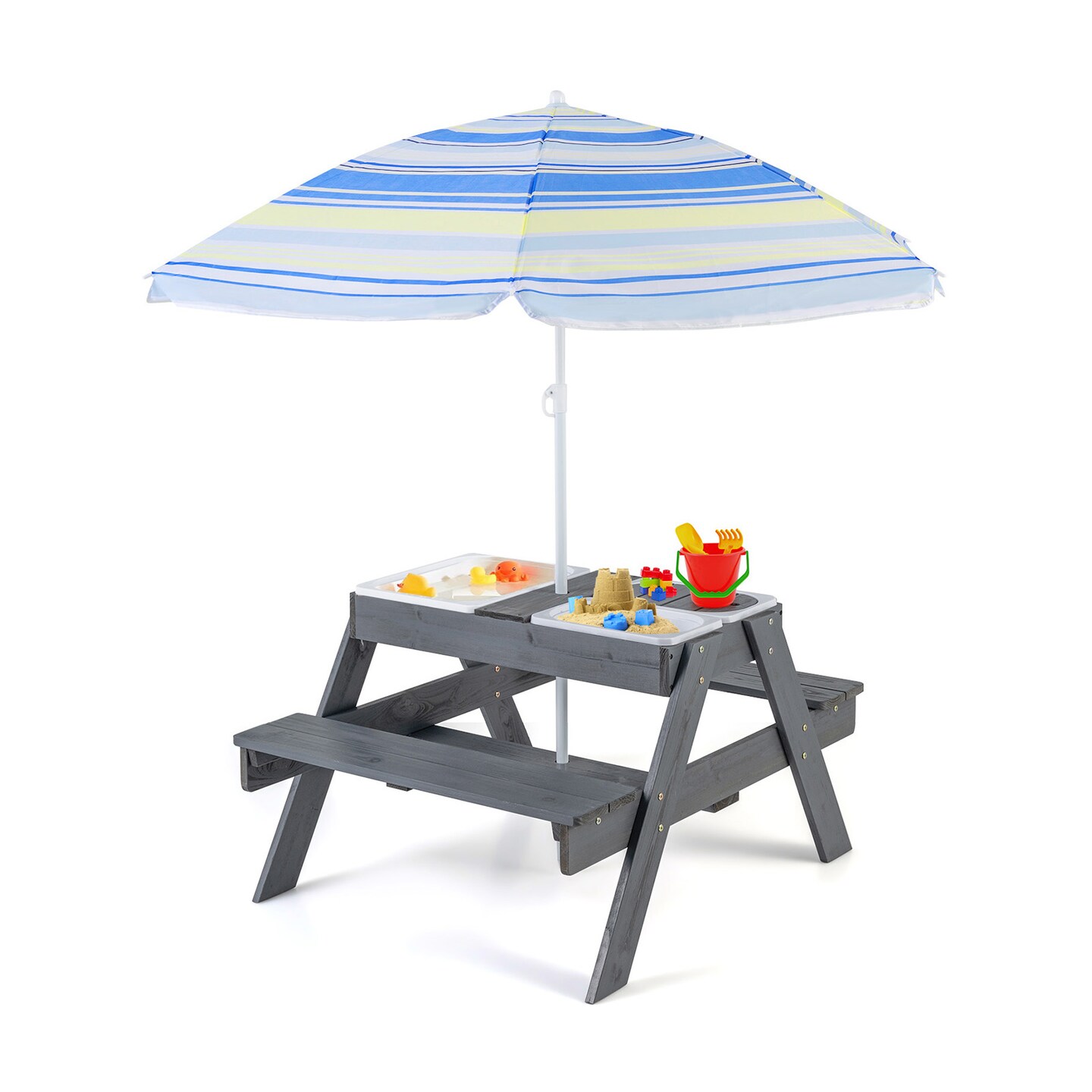 Grey Kids Picnic Table Set with Umbrella 3 Storage Bins Table Bench 38 Inch