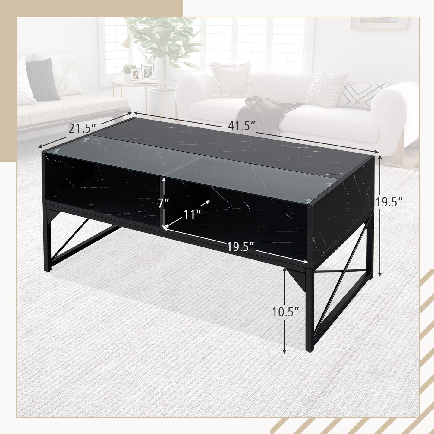 Rectangle LED Coffee Table with Split Faux Marble Glass Top and 4 Storage Cubes for Living Room