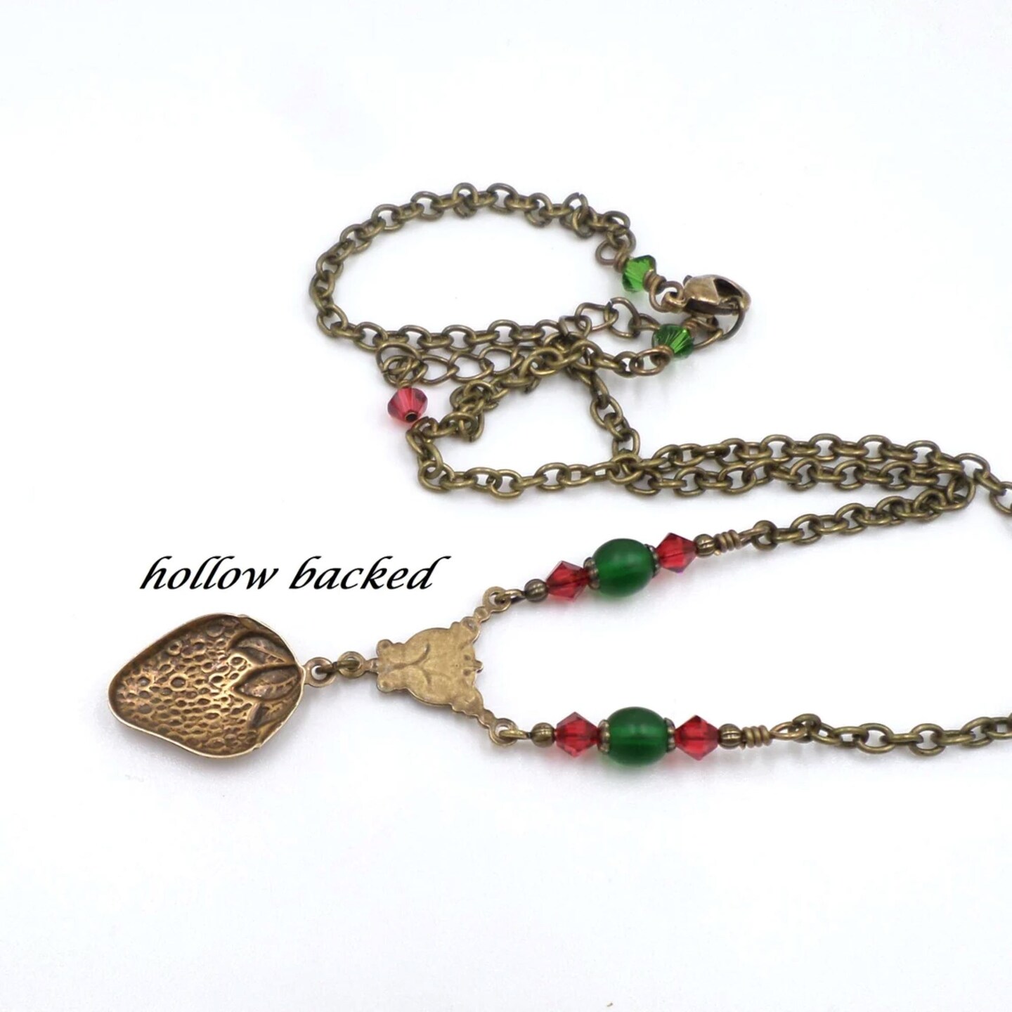Brass Strawberry Necklace, Cottagecore Necklace, Small Petite Handmade Beaded Jewelry, Nature Lover Gift, Goblincore Aesthetic, Green Red - image7
