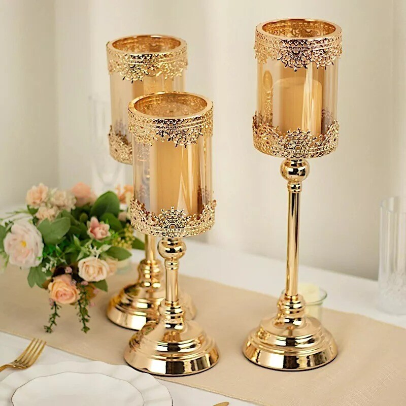 3 Antique Gold Lace Design Metal Glass Votive Candle Holders Centerpieces Party