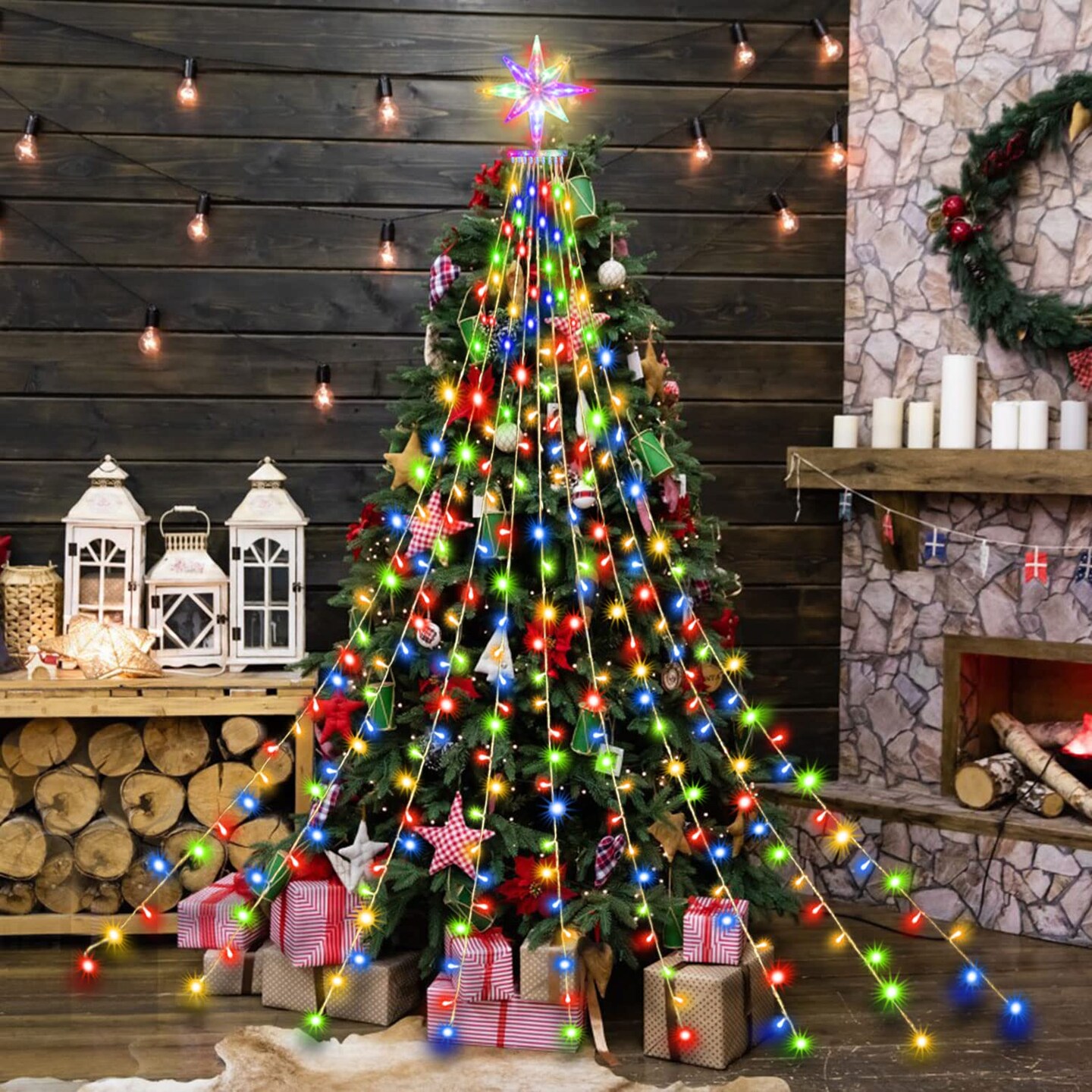 ZhenQiu Outdoor Christmas Decorations Lights, 320 LEDs Dipper Star String Lights with 13&#x22; Topper Star, Plug in Waterproof Hanging Fairy Lights for Xmas New Year Holiday Party Yard Patio Decor