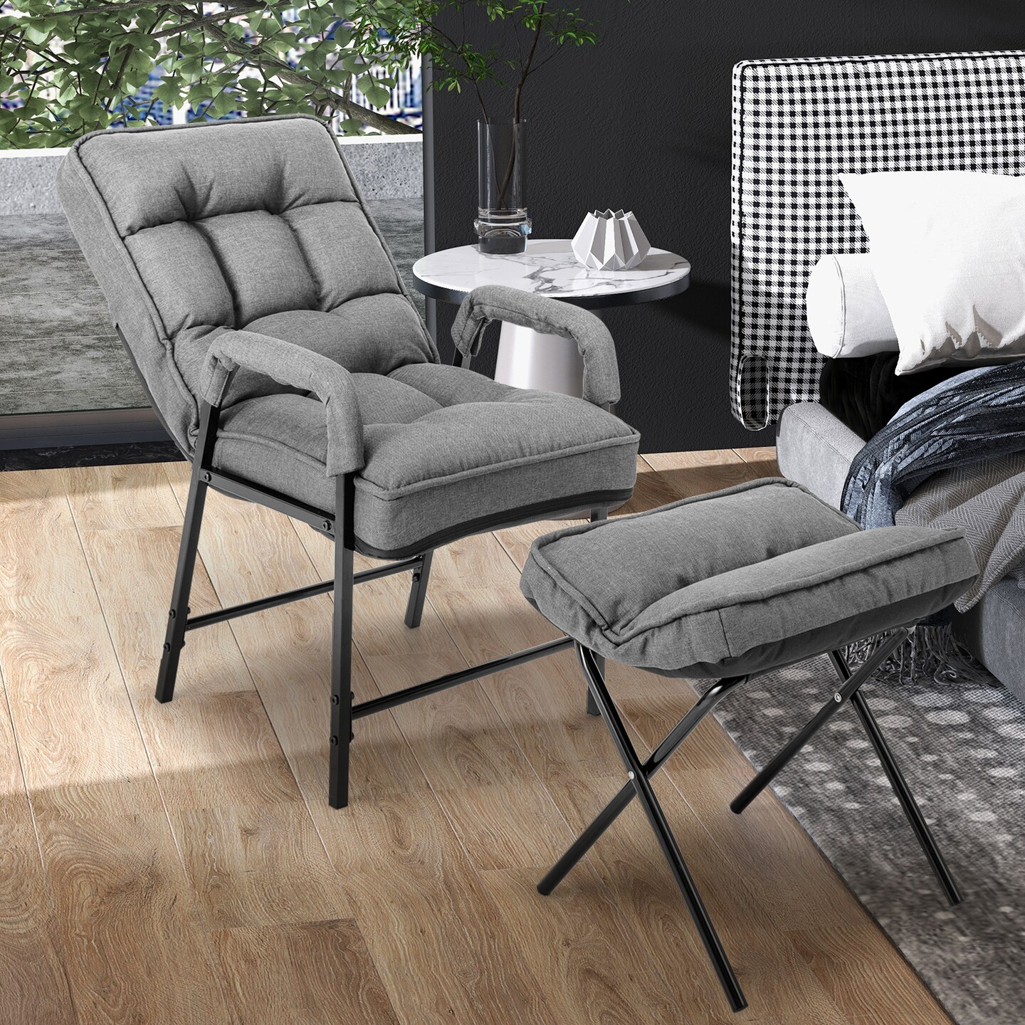 Linen Fabric Modern Accent Chair with Ottoman and Adjustable Backrest