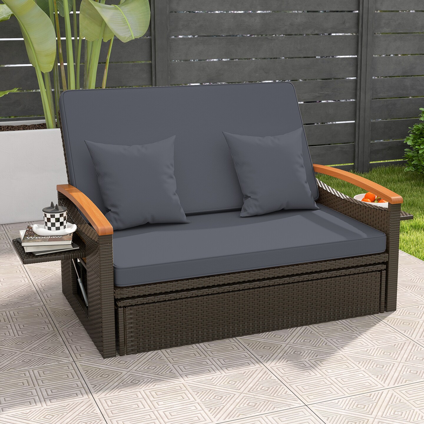 Convertible Patio Rattan Loveseat Daybed Set with Storage Ottoman