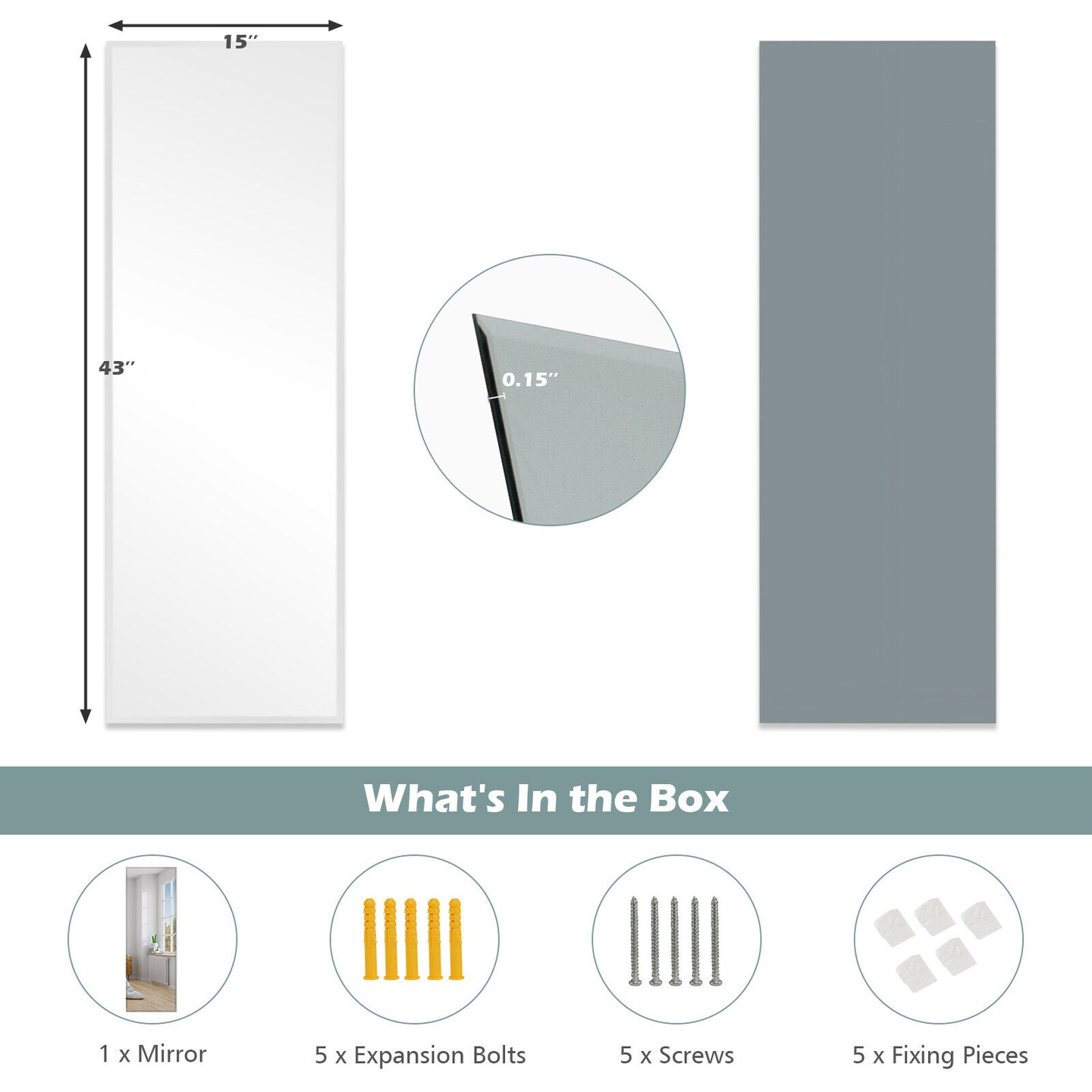 43 x 15 Inch Wall Mounted Frameless Full Length Mirror - 43&#x22; x 15&#x22; (L x W)