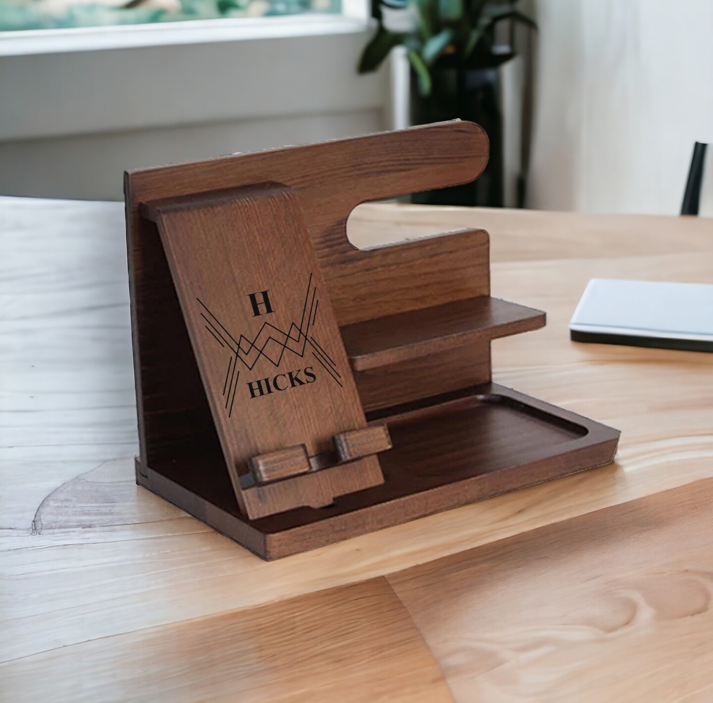 Nightstand docking station, IPhone wood charging station, birthday gift for online boss or director, cell phone dock, organizer wood station