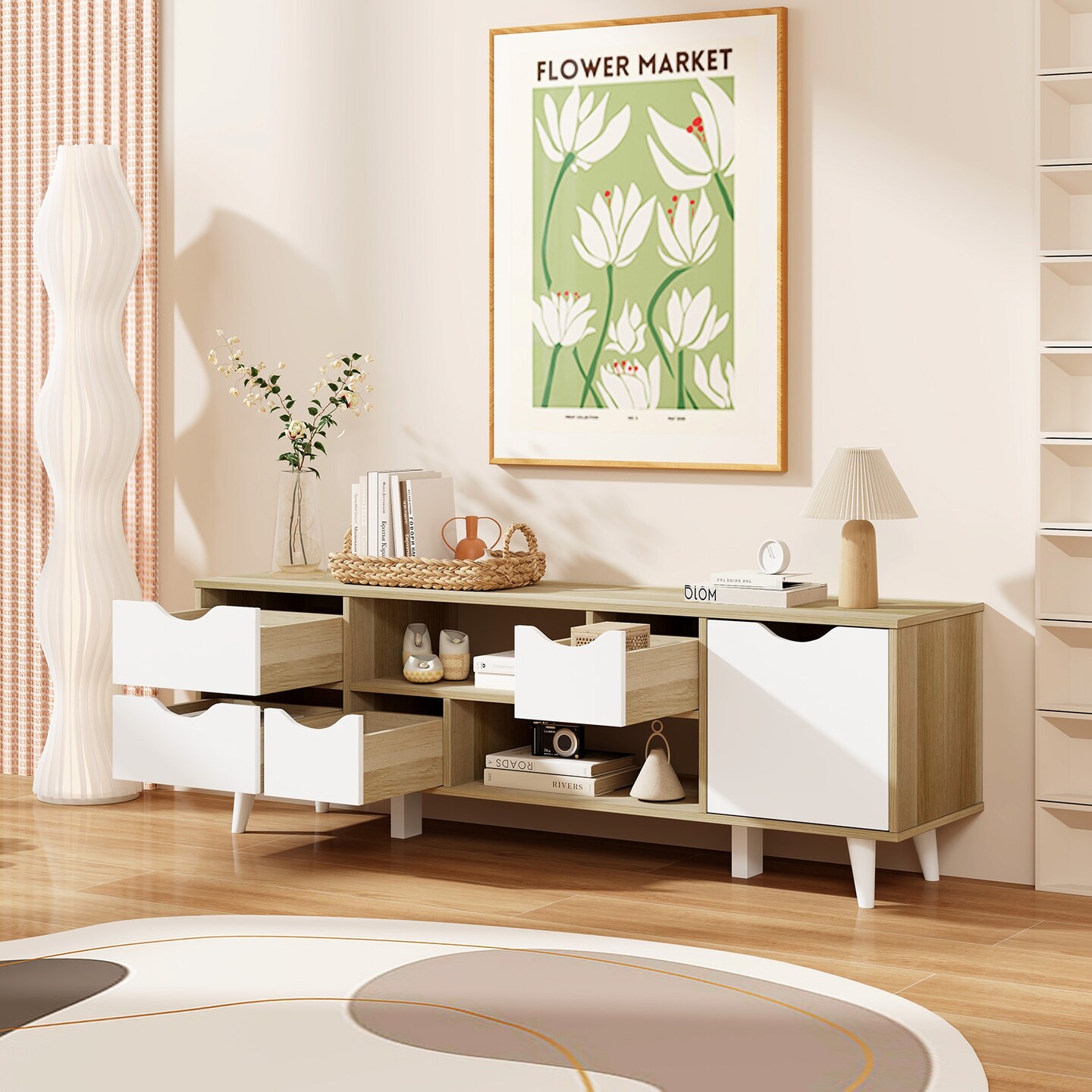 TV Stand for 55 Inch TV Media Console 4 Drawer Cabinet with Adjustable Shelf Oak