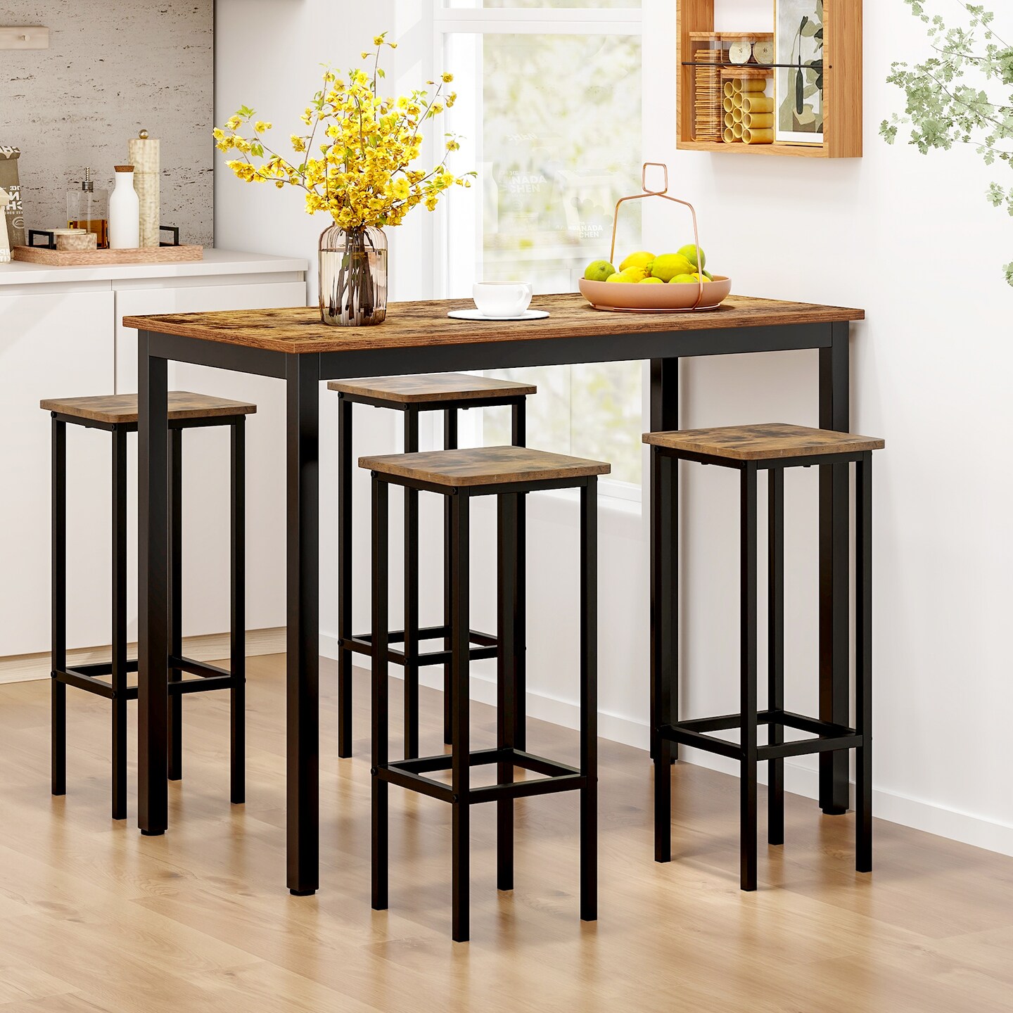 4-Piece Bar Stool Set with Coffee Upholstery and Metal Legs with Footrest - 12&#x22; x 12&#x22; x 28&#x22;