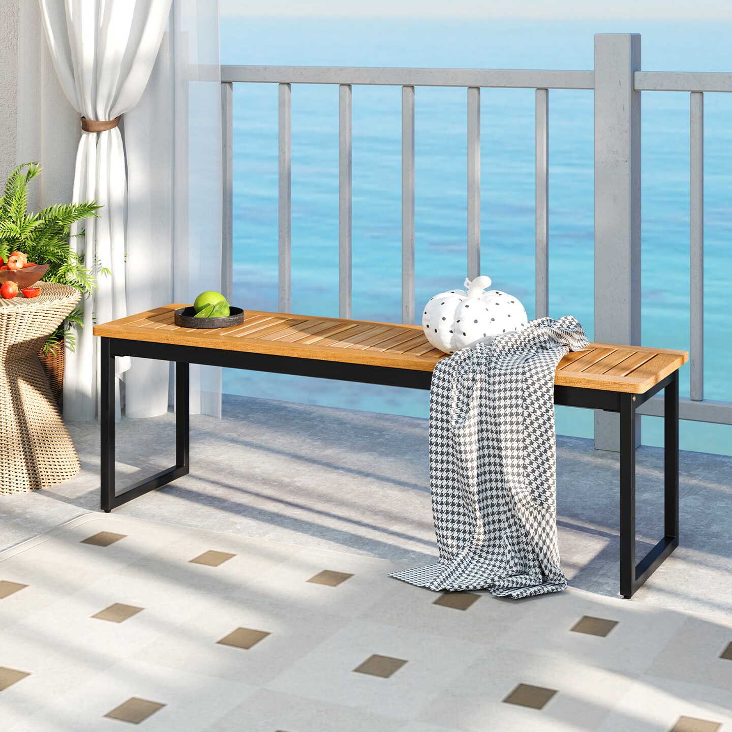 Patio Dining Bench Backless with Slatted Seat and Metal Legs - Multi