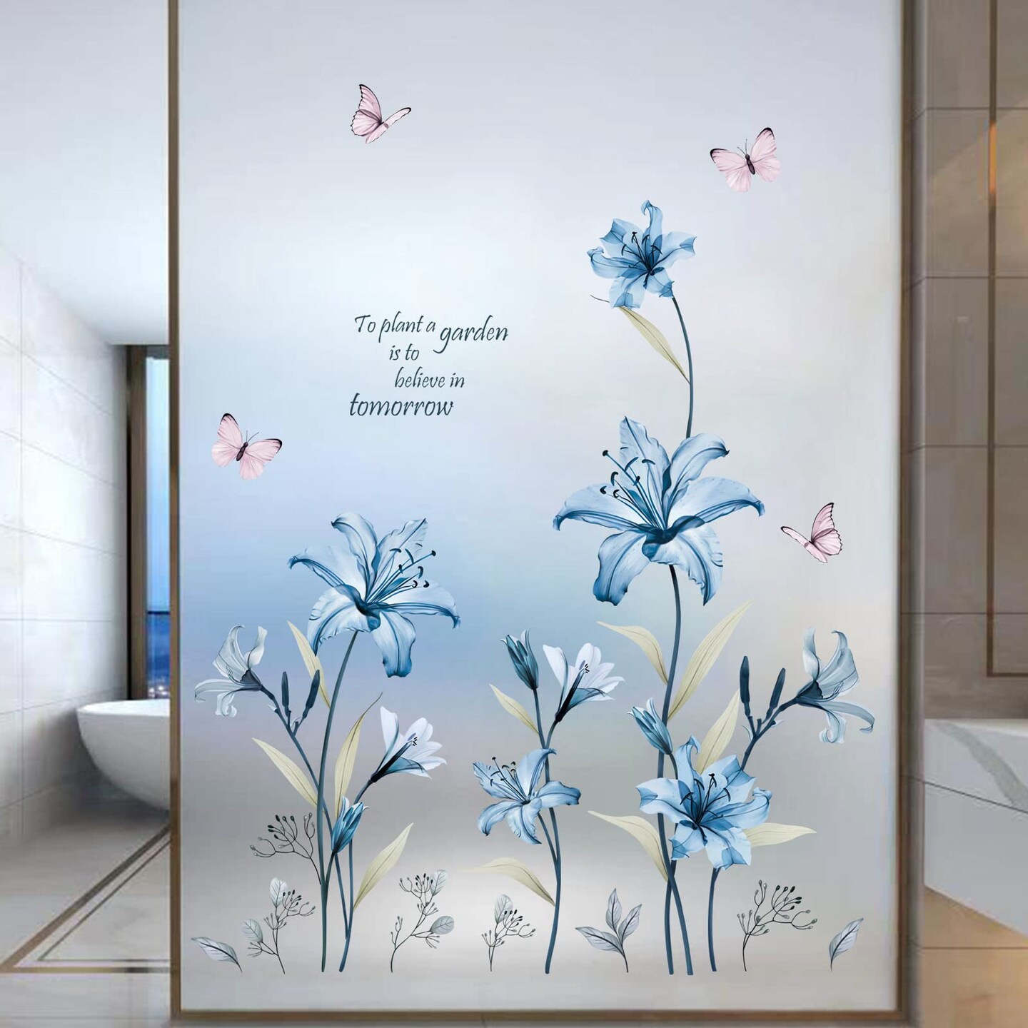 wondever Blue Lily Flower Wall Stickers Floral Butterfly Peel and Stick Wall Art Decals for Living Room Bedroom TV Wall