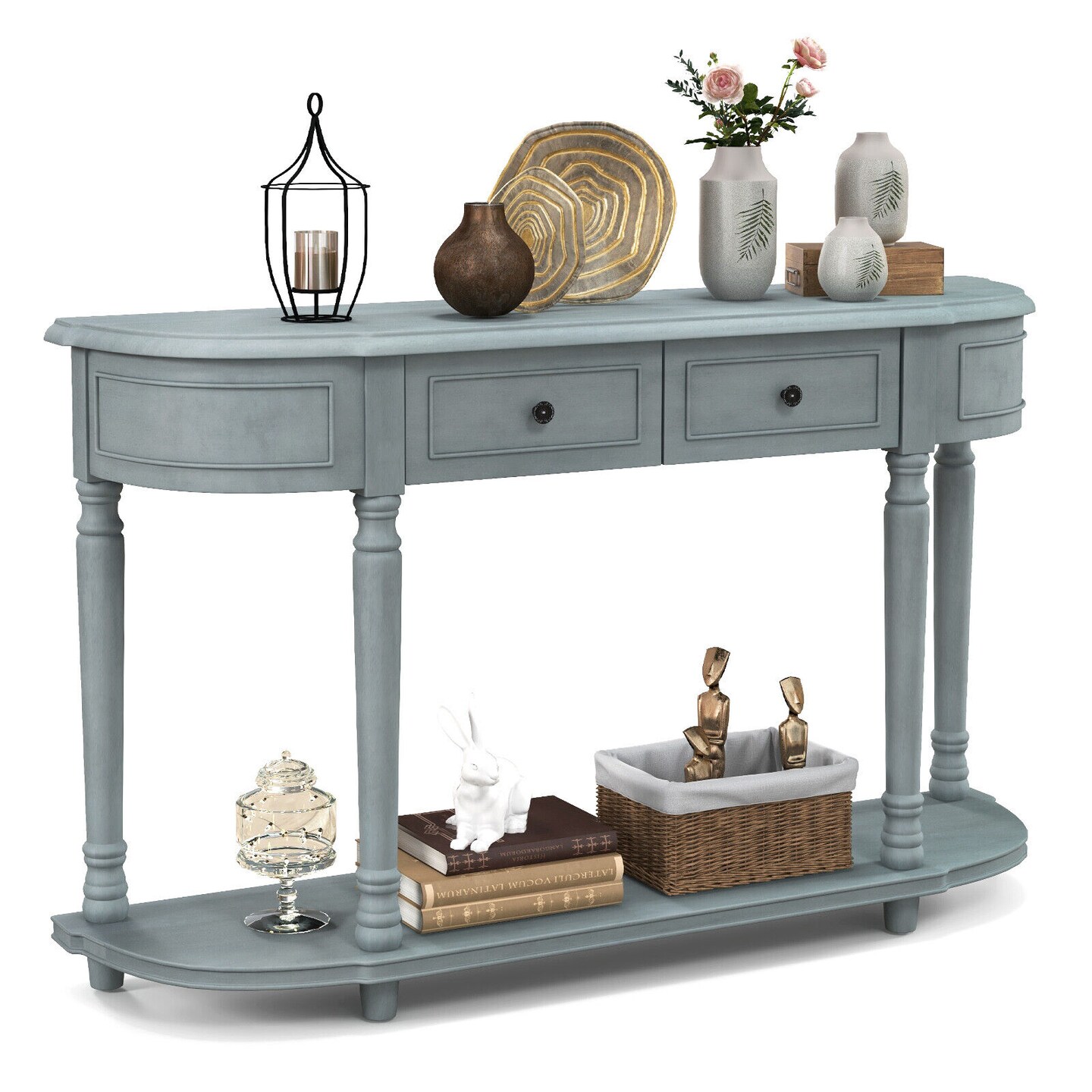 52&#x22; Retro Console Table with 2 Drawers and Open Shelf Entryway Sofa Table-Blue