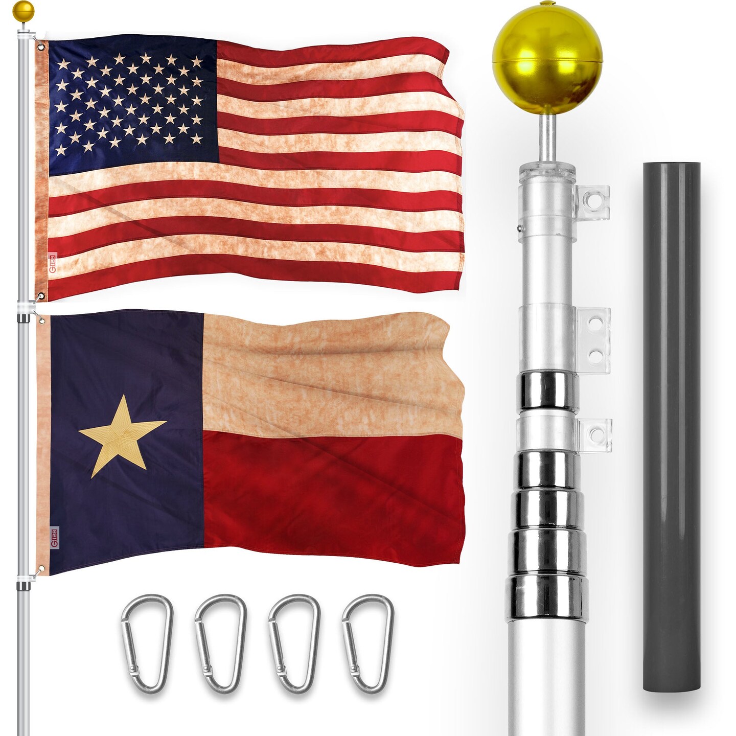 G128 Combo Pack: 20 Ft Telescoping Aluminum Flagpole (Silver) &#x26; American and Texas Tea Stained Flags 3x5 Ft, Both ToughWeave Series Embroidered Polyester | Pole with Flags Included