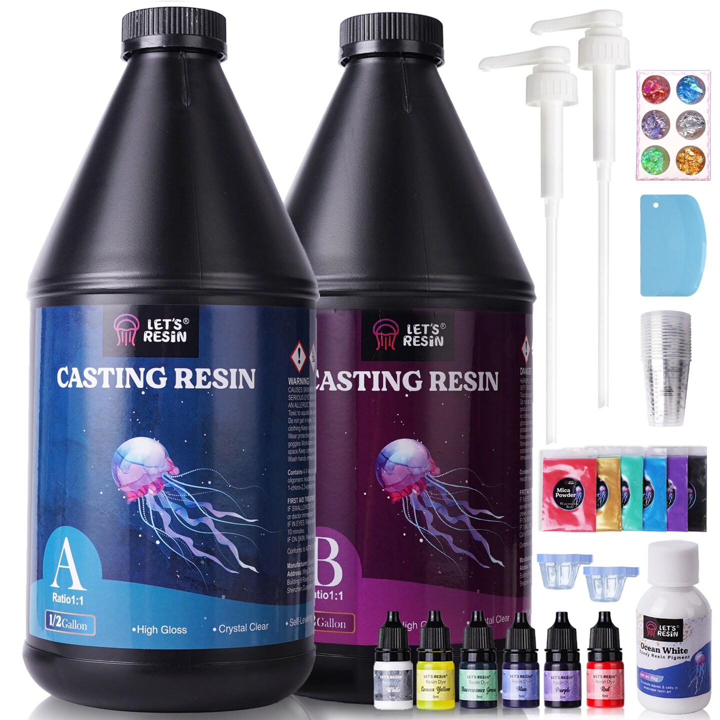 LET&#x27;S RESIN 1 Gallon Casting Epoxy Resin with Pumps, Crystal Clear Epoxy Resin Kit for Beginners, with Ocean White Paste, Color Pigment, for DIY Art, Craft,Jewelry,River Table