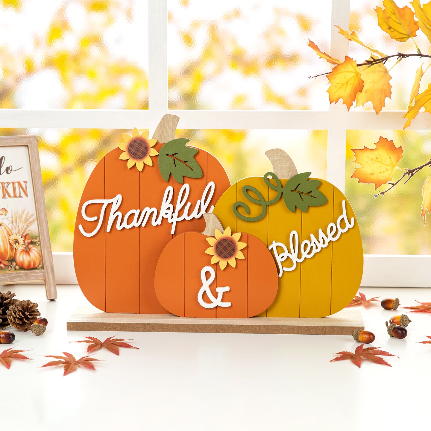 16&#x22;L Thanksgiving Wooden Pumpkins Table Decor