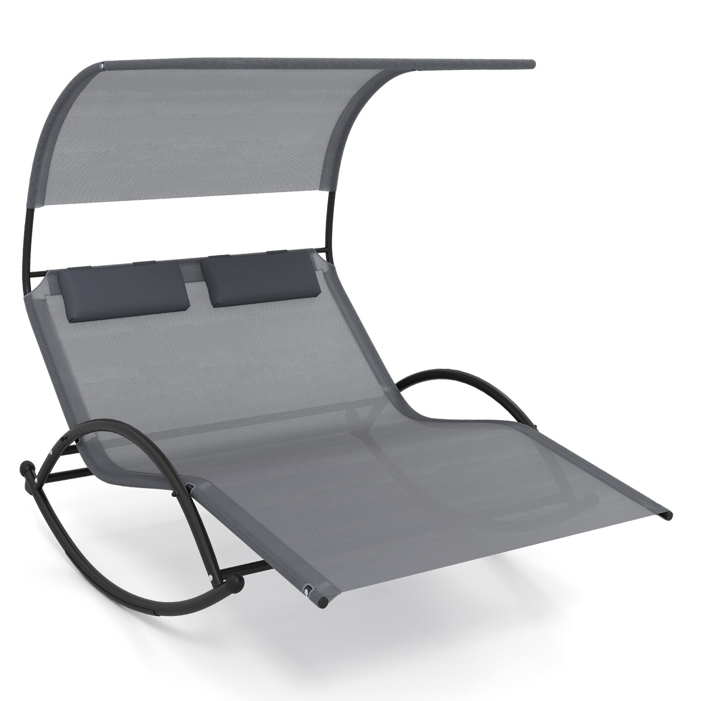 Outdoor Dual Rocker Sunbed 2-Person Canopied Patio Lounger with Detachable Headrests-Grey