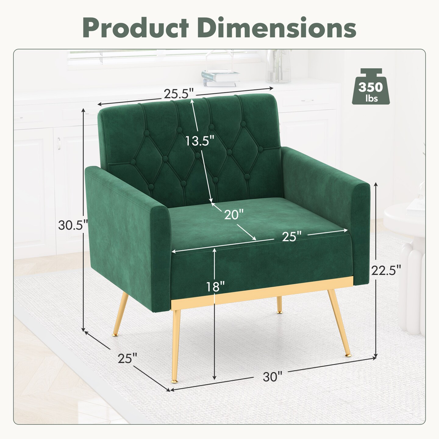 Modern Velvet Accent Chair with Button Tufted Back Golden Metal Legs and Adjustable Foot Pads
