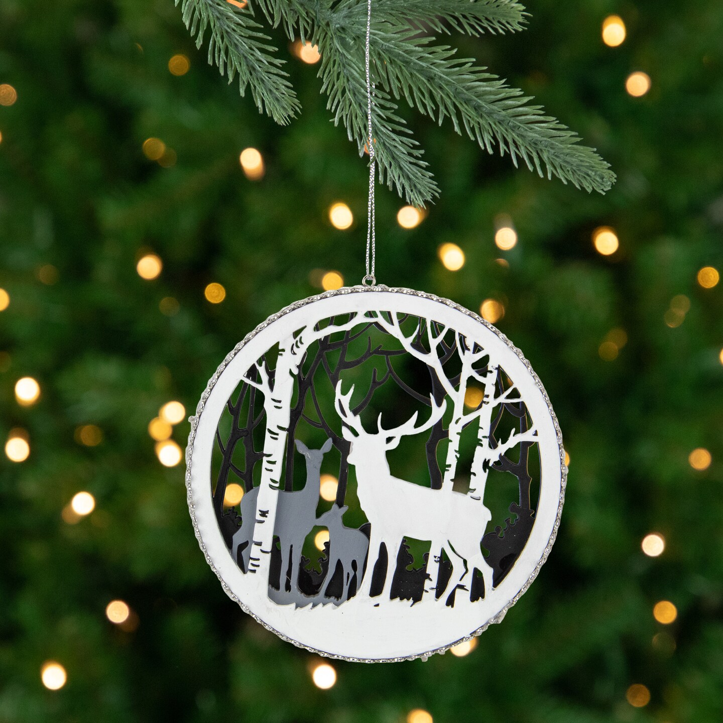 Northlight Reindeer with Forest Christmas Disc Ornament - 4.25&#x22; - Gray and White