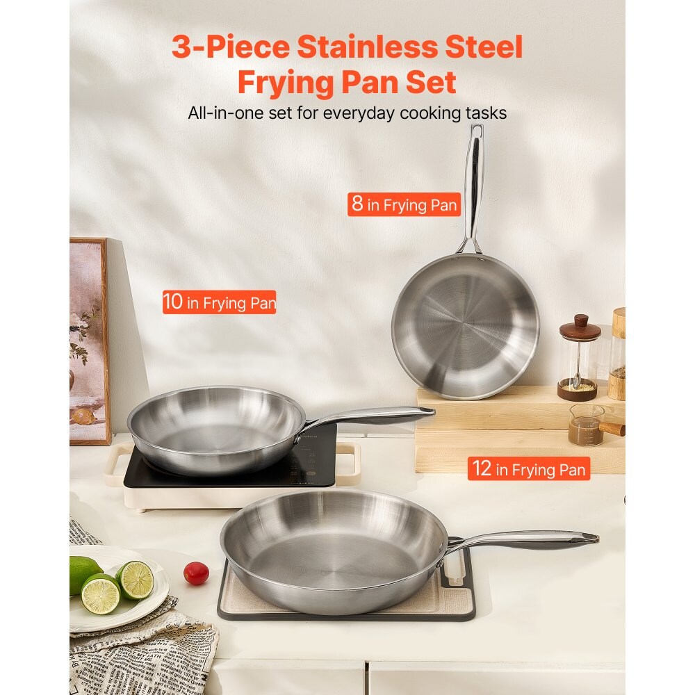3-Piece Silver Tri-Ply Stainless Steel Skillet Set Frying Pans for Oven and Stovetop Cooking