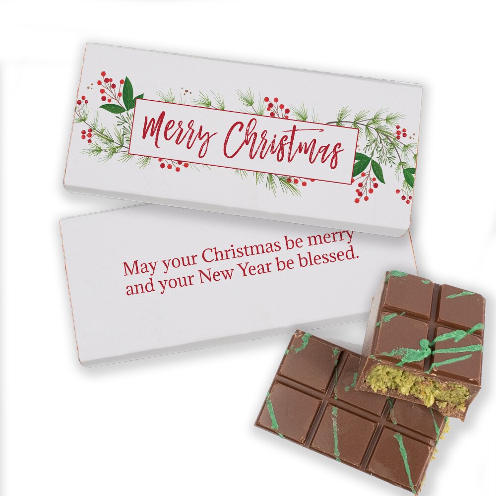 Holiday 3.8oz Dubai Chocolate Bar Party Favors For Gifting, Stocking Stuffers & More - Botanical Merry Christmas