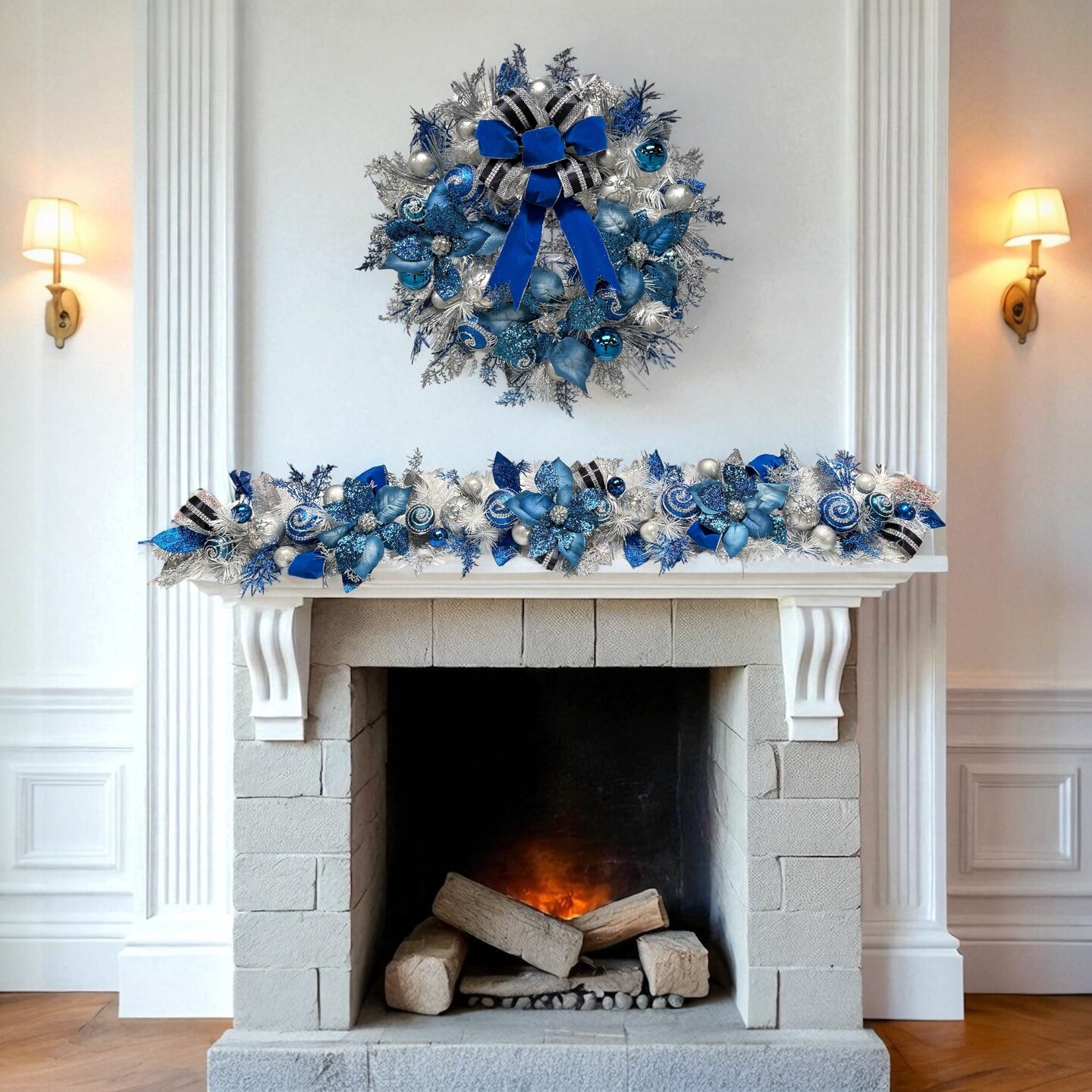Lux Blue Silver Garland, Blue poinsettia Garland