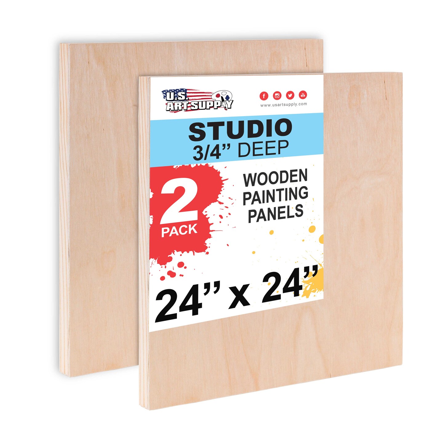 Unfinished Cradled Wood Panels for Painting, 2 Pack of 24x24 inch - Studio Birch Wooden Canvas Boards 3/4&#x22; Deep - Mixed-Media Craft, Acrylic, Oil, Encaustic, Paint Pouring Panel Board