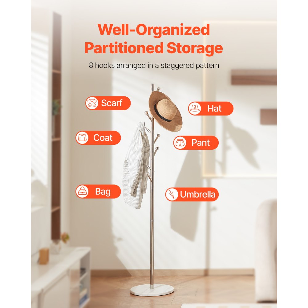 Modern Freestanding Coat Hanger Rack with 8 Hooks and Stainless-Steel Rod with Marble Base