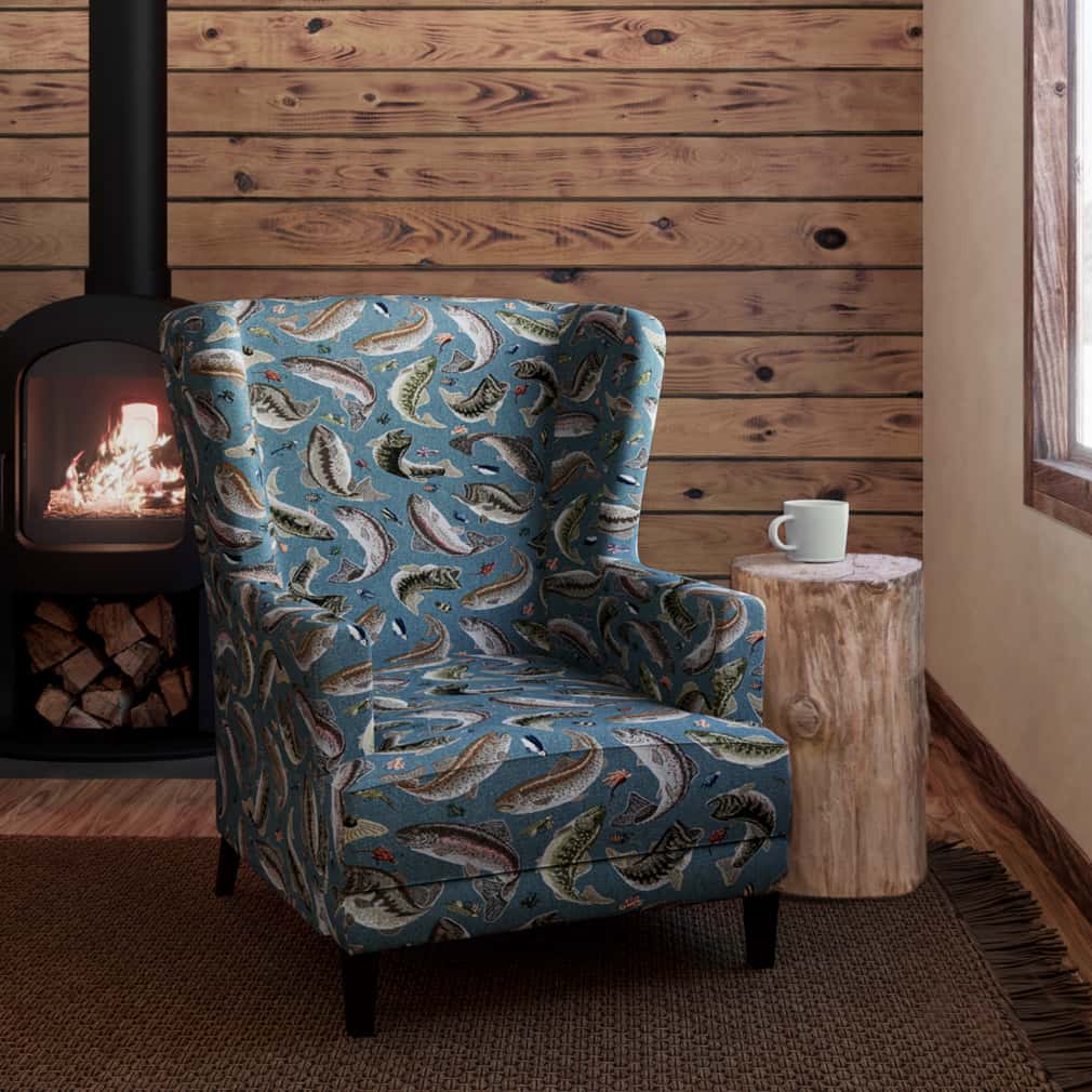 Fishing Aqua - Aqua & Teal,Blue Novelty Upholstery Fabric 54 Inches"