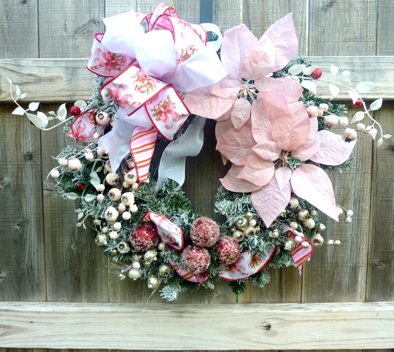 Christmas Poinsettia wreath with Pink Poinsettias glittered berries and ...