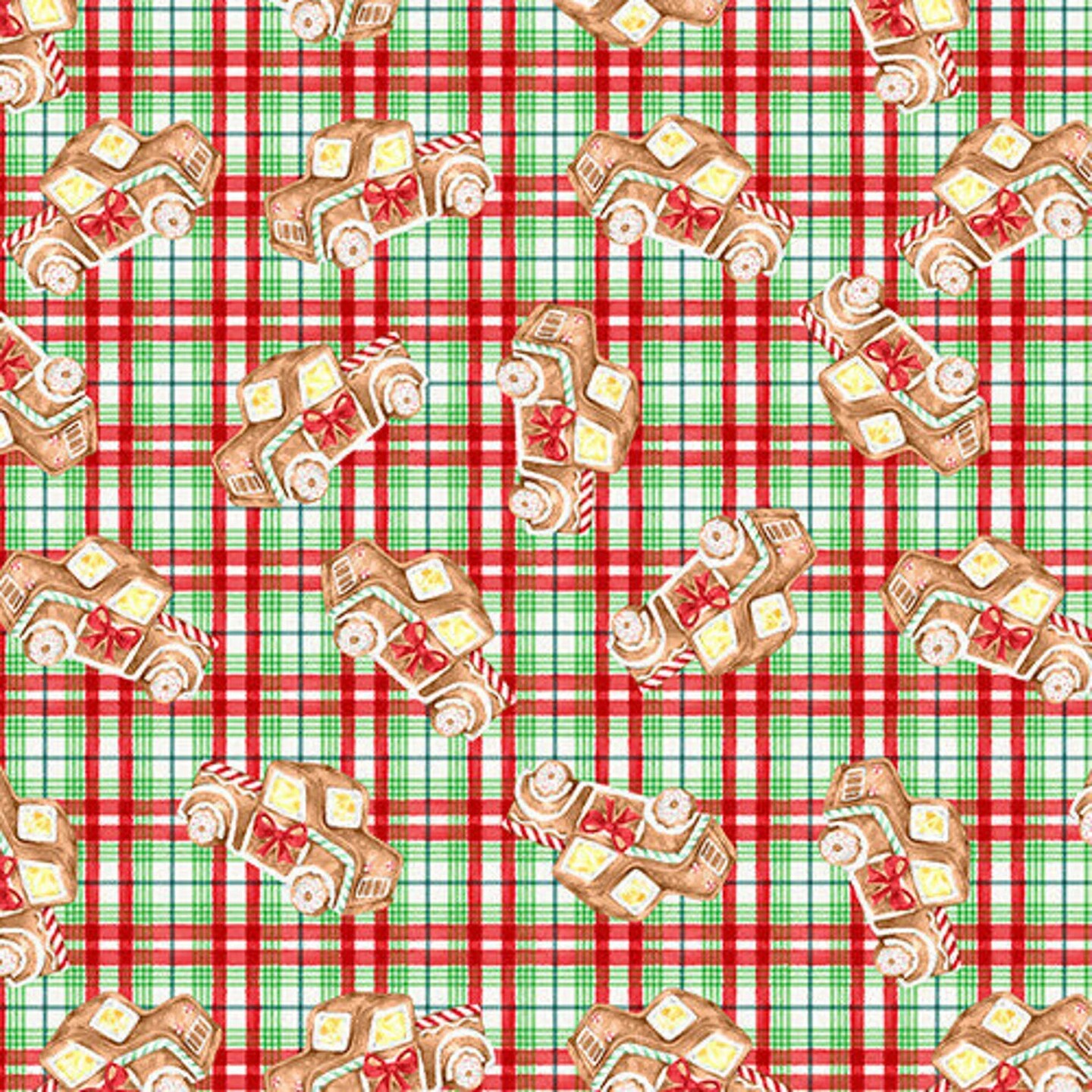 3 Wishes Christmas Gingerneering Gingerbread Trucks Plaid 100% Cotton By the yard